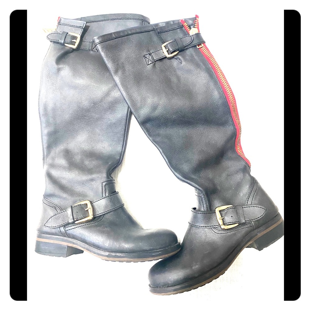 Lindley Black Moto Leather Below Knee Boots